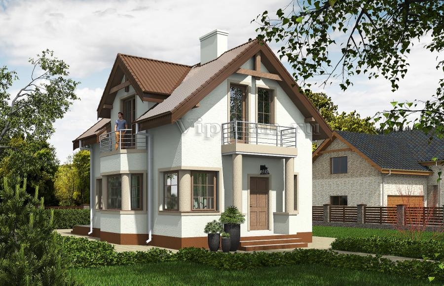 Одноэтажный жилой дом с мансардой, террасой и балконами